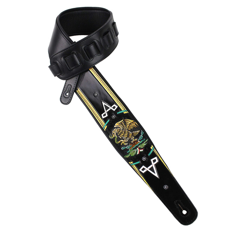 [AUSTRALIA] - Walker And Williams KB-52-BLK Handmade Heritage Series Black Leather Guitar Strap With Hand Carved And Painted Mexican Coat Of Arms Design For Acoustic, Electric, And Bass Guitars 