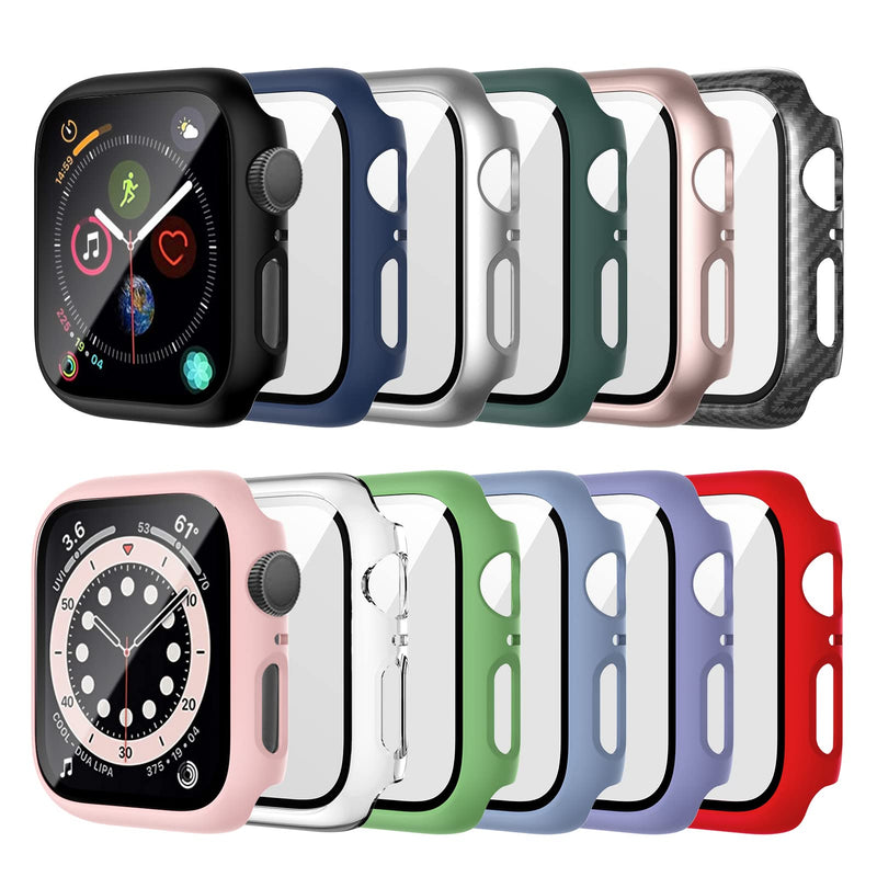 12 Pack Case Compatible for Apple Watch 44mm SE (2nd Gen) Series 6 5 4 SE Tempered Glass Screen Protector, Haojavo Full Hard PC Scratch Resistant Bumper Protective Cover for iWatch Accessories 12 PACK-A