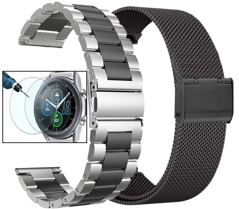 valkit Compatible with Galaxy Watch 5/4 40mm 44mm/Galaxy Watch Pro 5 45mm/Galaxy Watch 3 41mm Band for Women Men, 2 Pack 20mm Stainless Steel Metal Bands for Samsung Galaxy Watch 42mm,Sliver/Black