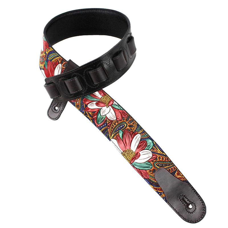Walker And Williams LHR-20 Handmade Premium Carved Leather Guitar Strap With Carousel Red Paisley Floral Carving And Dark Brown End Caps For Acoustic, Electric, And Bass Guitars