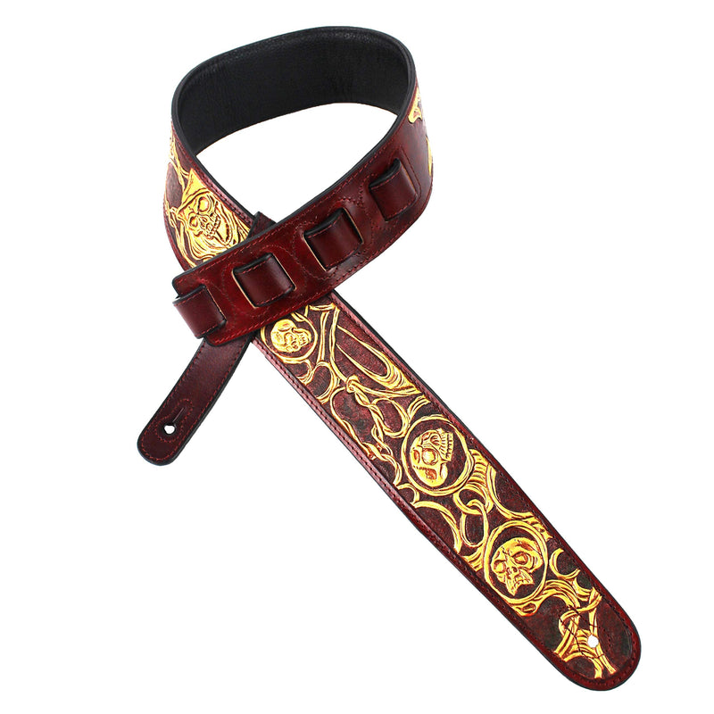 Walker And Williams LHR-45 Handmade Blood Red Premium Carving Leather Guitar Strap With Bright Gold Barbed Skull Carving And Padded Leather Back For Acoustic, Electric, And Bass Guitars