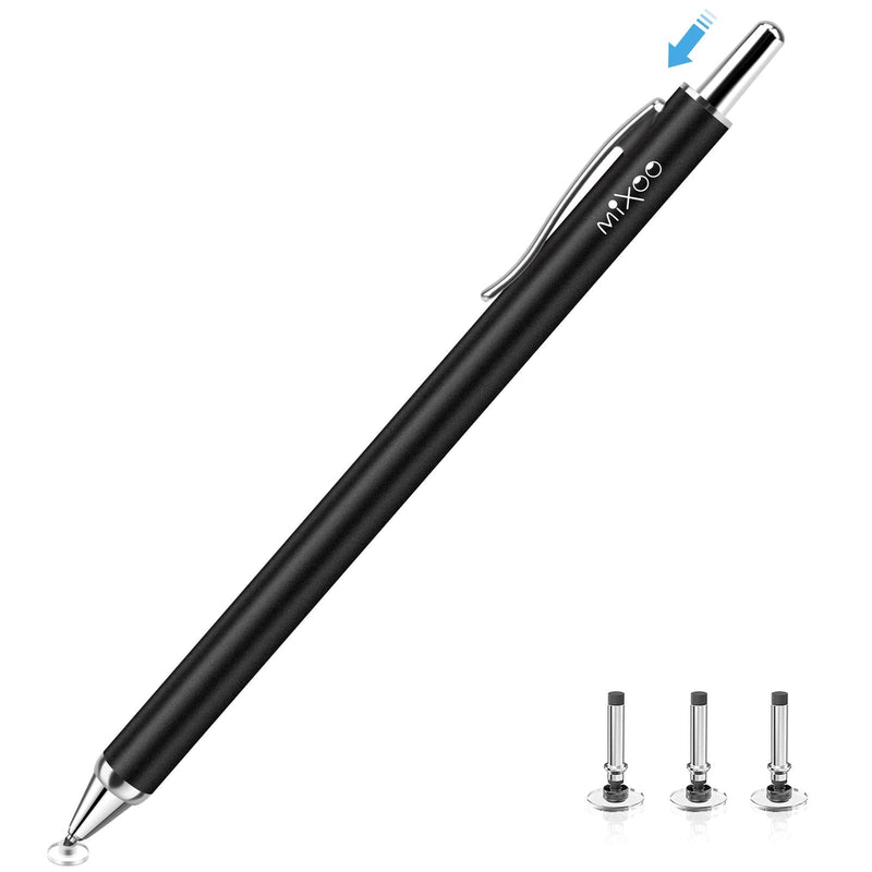 Mixoo Retractable Stylus for Touch Screens - High Sensitivity Universal Stylus Touch Screen Pen with 3 Replaceable Disc Tips for iPad iPhone and All Other Capacitive Tablets & Cell Phones (Black) Black