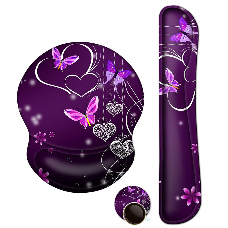 ArtSo Upgraded Wrist Rest Support for Mouse Pad & Keyboard, Ergonomic Gel Mousepad Non-Slip Rubber Base Home ,Office Pain Relief, Easy Typing Cushion Neoprene, Soft Memory Foam, Purple Heart butterfly