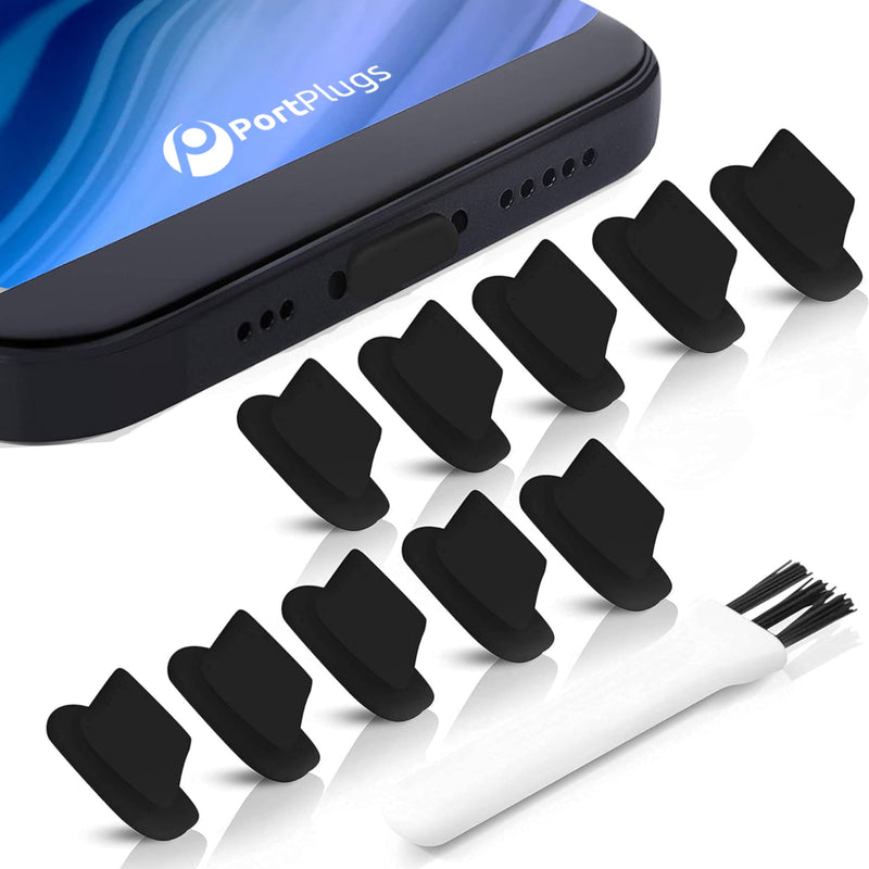 Anti Dust Plugs (10 Pack) - Includes Charging Port Cleaning Brush - Flat Design Port Protector Cover - Compatible w/iPhone 14, 13,12,11 & Air Pods - Black