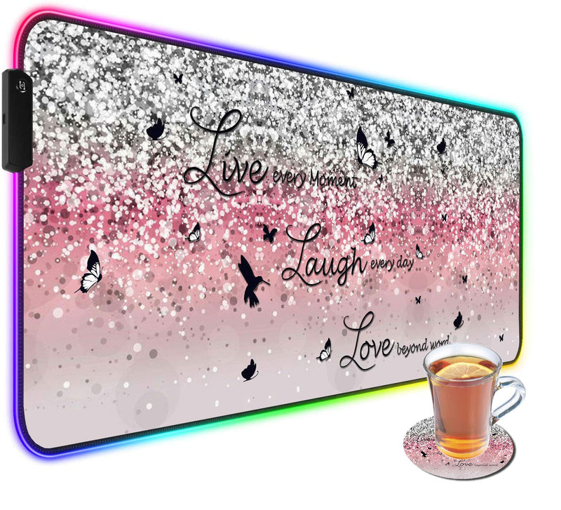 CICPLKSE Customized RGB Gaming Mouse Pad and Coffee Coaster,Large Glowing Led Anti-Slip Rubber Base Computer Keyboard Desk Mouse Mat 31.4x11.8 Inch,Pink Glittering Live Laugh Love Pink Glittering Live Laugh Love