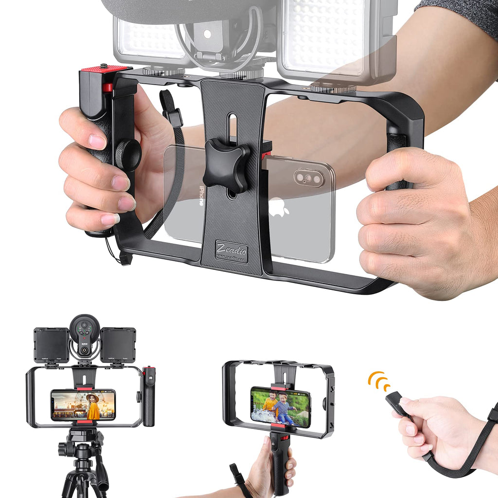 Zeadio Smartphone Stabilizer Grip, Cellphone Video Rig Tripod Mount Holder, with Wireless Remote Shutter for All iPhone and Android Smartphones