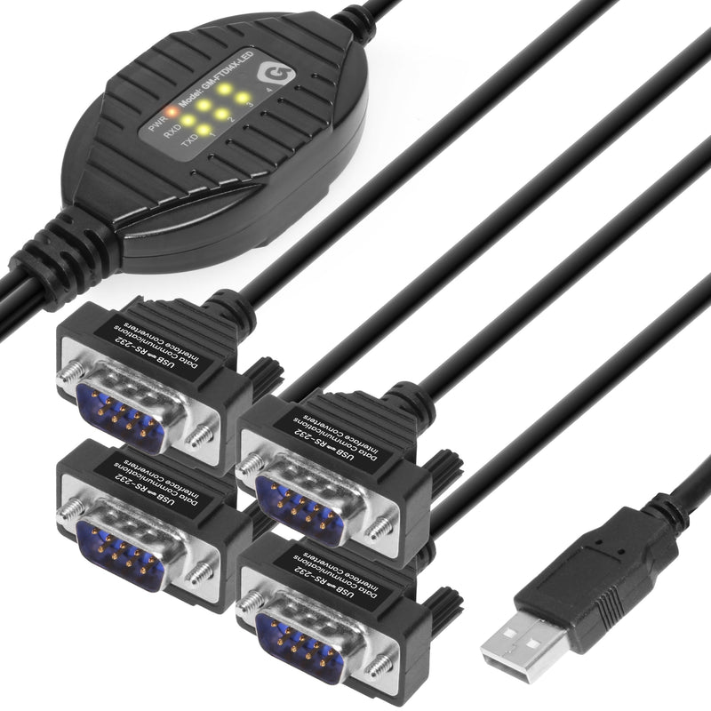 Gearmo 4 Port RS-232 to USB Adapter with LED Indicators, 5ft Length, FTDI Chipset, ESD Protection, Windows/macOS/Linux Compatible Type A