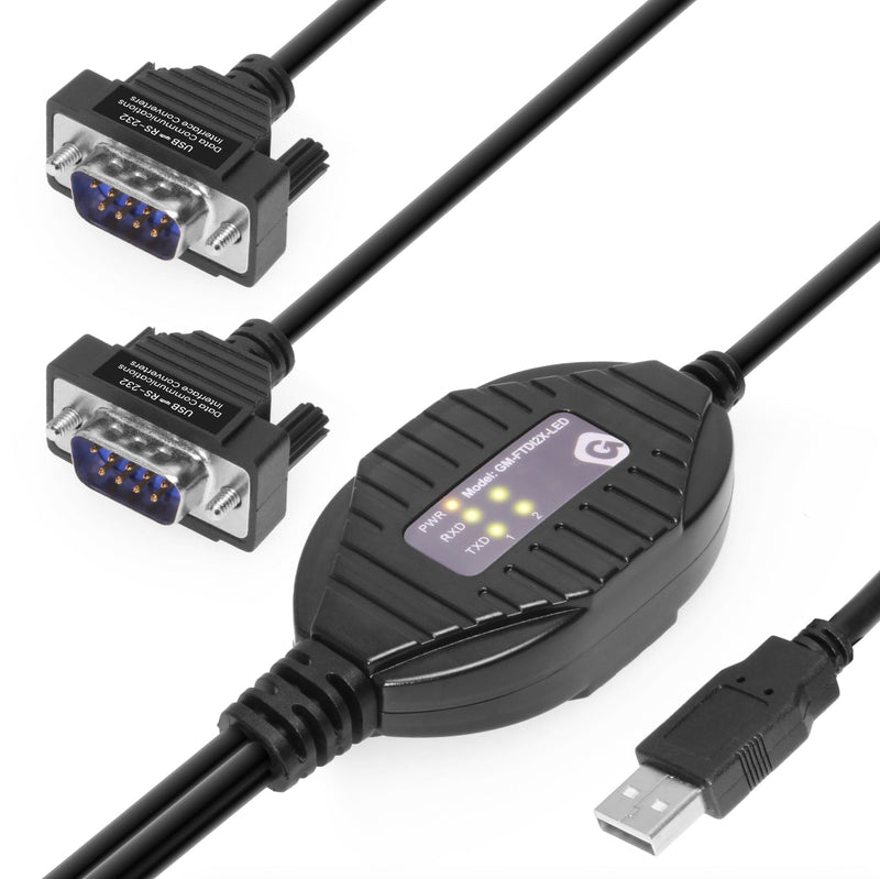 Gearmo 2-Port Professional USB 2.0 to Serial Converter with FTDI Chip, RX/TX Status LED, Compatible with Windows 11, Linux, MacOS 10.X Type A