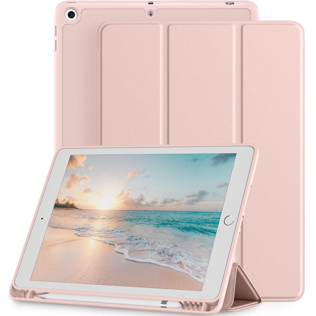 Mastten Case Compatible with iPad 9th/8th/7th Generation , 10.2 Inch with Pencil Holder, TPU Smart Stand Back Cover for iPad 2021/2020/2019, Auto Wake/Sleep, Rose Pink