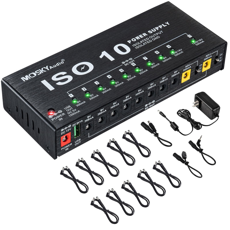 Mosky Guitar Pedal Power Supply 10 Isolated DC Output, 9V 12V 18V 300mA 500mA Effect Pedal Boards Power Supply with USB Port, Short Circuit Overcurrent Protection 1345