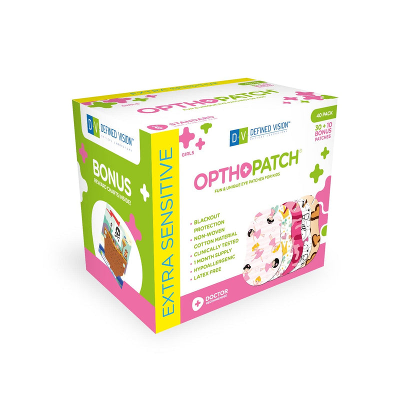 Opthopatch Kids Eye Patches - Fun Girls Design [Series I] - 30 + 10 Bonus Latex Free Hypoallergenic Cotton Adhesive Bandages for Amblyopia and Cross Eye - Reward Chart Poster by Defined Vision