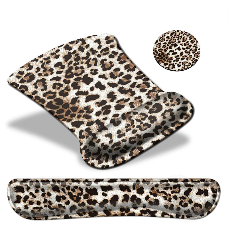Keyboard Wrist Rest Pad & Mouse pad with Wrist Rest Support Set,Ergonomic Gaming Mouse Pad Coaster Keyboard Wrist Support with Memory Foam for Easy Typing Pain Relief - Leopard Print