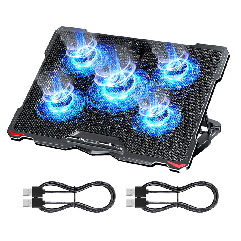 AICHESON S035 5 Fans Blue Light Laptop Cooling Pad and 2 Pack Type A Male to Type A Male Cable Combination Set