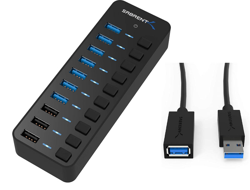 Sabrent 60W 10-Port USB 3.0 Hub + 22AWG 3 Feet USB 3.0 Extension Cable