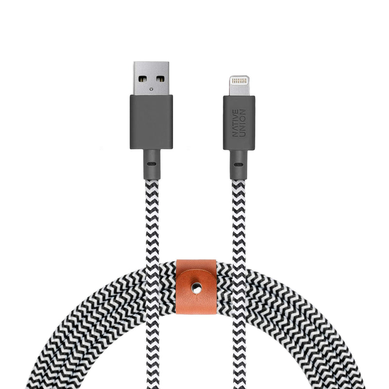 Native Union BELT Cable XL - 10ft Ultra-Strong Reinforced [MFi Certified] Durable Lightning to USB Charging Cable with Leather Strap compatible with iPhone 14, iPhone 13, iPhone 12 and Earlier (Zebra) Zebra