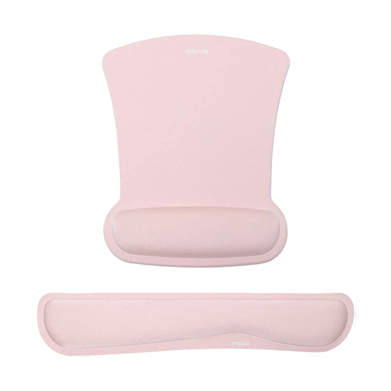 MOSISO Wrist Rest Support for Mouse Pad & Keyboard Set, Ergonomic Mousepad Non-Slip Base Home/Office Pain Relief & Easy Typing Cushion with Neoprene Cloth & Raised Memory Foam, Pink