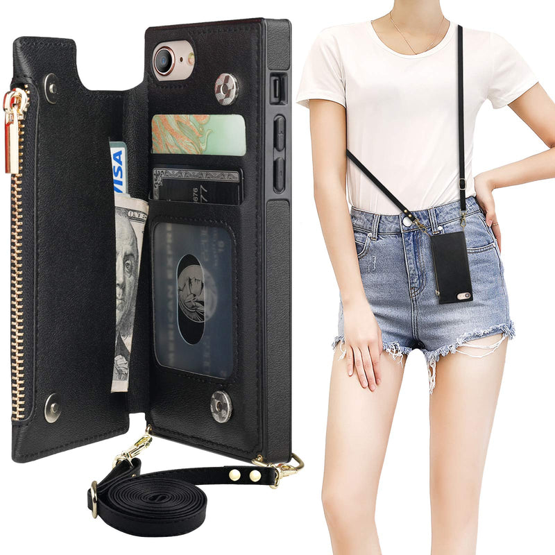 Bocasal Crossbody Wallet Case for iPhone SE 2022/SE 2020/7/8 with Card Holder,Zipper Card Slot Protector Shockproof Purse Cover with Removable Cross Body Strap 4.7 Inch(Black) Black For iPhone 7/8/SE3 2022/SE2 2020(4.7 inch display)
