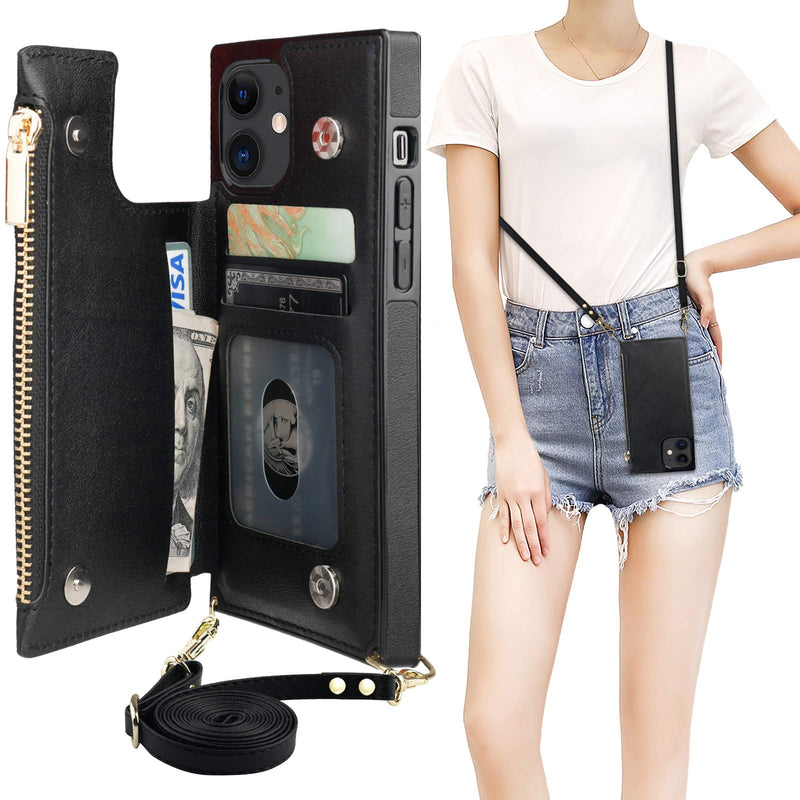 [AUSTRALIA] - Bocasal Crossbody Wallet Case for iPhone 12/12 Pro with Card Holder,Zipper Card Slot Protector Shockproof Purse Cover with Removable Cross Body Strap 6.1 Inch(Black) Black For iPhone 12/12 Pro 6.1 inch dispaly 