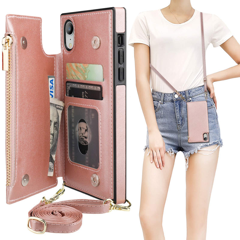 [AUSTRALIA] - Bocasal Crossbody Wallet Case for iPhone Xr with Card Holder,Zipper Card Slot Protector Shockproof Purse Cover with Removable Cross Body Strap 6.1 Inch(Rose Gold) Rose Gold For iPhone Xr 6.1 inch display 