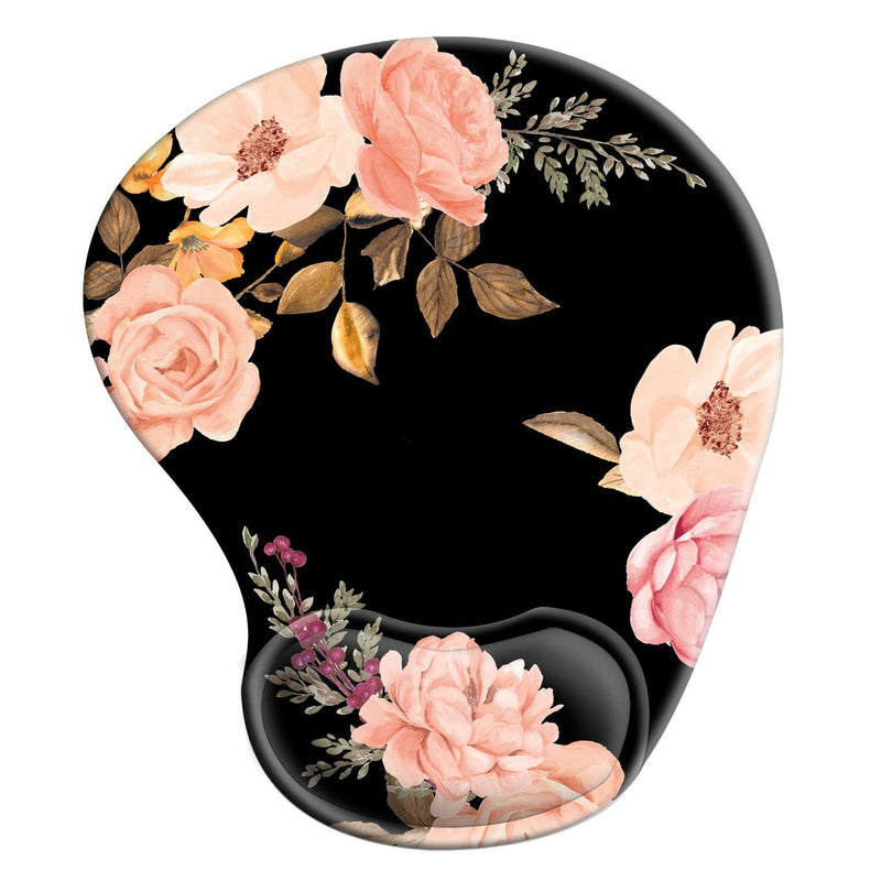 Ergonomic Mouse Pad with Gel Wrist Rest Support, HOMKUMY Cute Mouse Pads with Non-Slip Rubber Base Wrist Rest Pad for Home, Office & Travel Easy Typing & Pain Relief, Peony Black