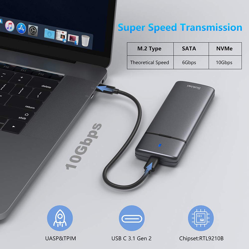 M.2 NVMe SATA SSD Enclosure Adapter Tool-Free, USB 3.2 Gen2 10Gbps External NVMe to USB PCI-E 6Gbps SATA M-Key / B+M Key, NVMe Reader Support UASP Trim for SSDs 2230/2242/2260/2280 SKUD0501-US