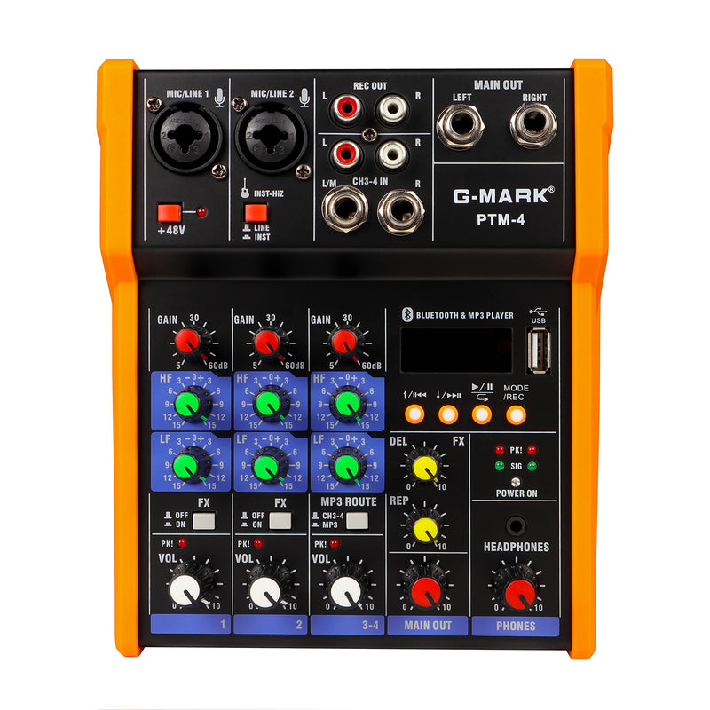 G-MARK Analog Mixer Audio 4 Channel DJ Audio Mixer Bluetooth Studio Karaoke For PC Live Performance KTV Home Stage Music Effects Sound Card Protable Mixing Console PTM-4