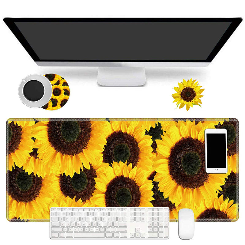 Large Gaming Mouse Pad Non-Slip Keyboard Pad Soft Extended Desk Mat Desktop Writing Pad (31.5"×11.8") with Yellow Sunflower Design for Home & Office + Cup Coaster and Cute Stickers