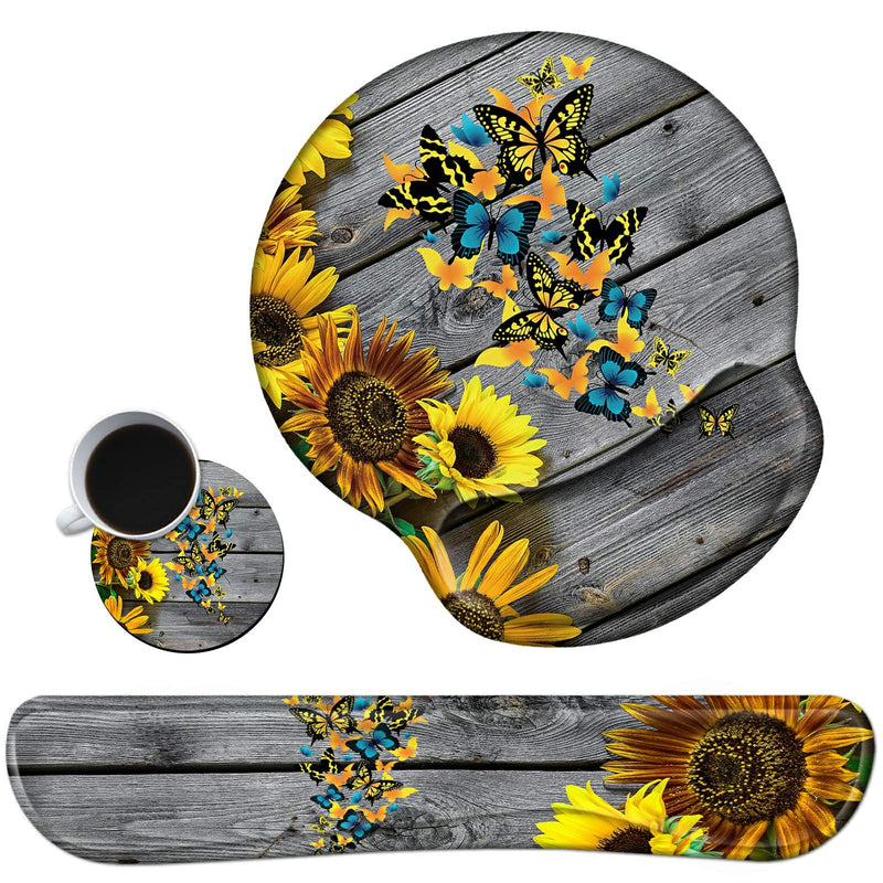 Keyboard Wrist Rest Pad and Mouse Pad Wrist Rest Support Set, Ergonomic Gaming Mousepad Durable Smooth Surface Non-Slip Base Sunflower Butterfly Design for Computer Laptop Home Office + Cute Coasters Yellow Sunflowers and Butterflies