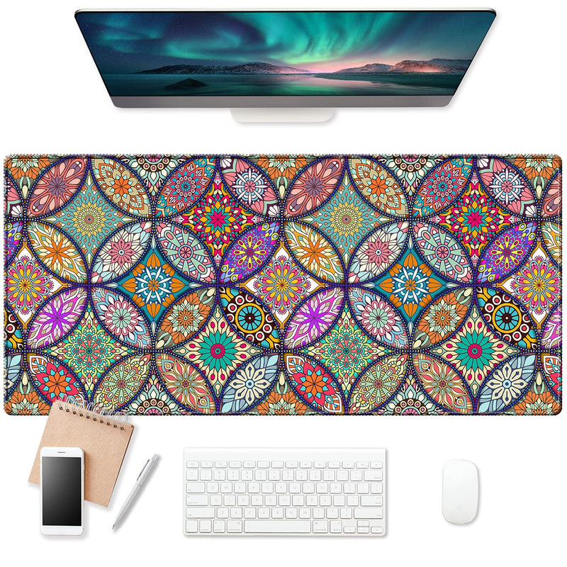 EkuaBot Mandala Large Gaming Mouse Pad (35.4×15.7 in, 3mm Thick), Non-Slip Rubber Base and Reinforced Lock Edges, XXL Extended Mousepad for Work, Game, Desk mat, Desktop Decoration