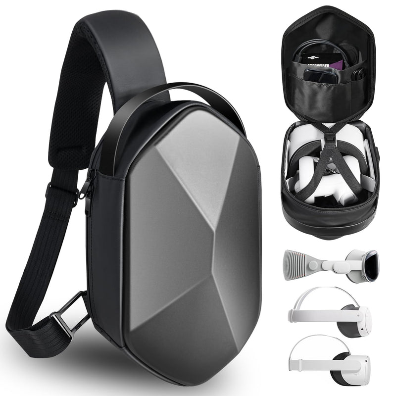 Carrying Travel Case for Oculus Meta Quest 2, Quest 3, Apple Vision Pro Accessories, Expandable Capacity Fixed Storage Controllers and Head Strap and All, Crossbody Sling Backpack Black
