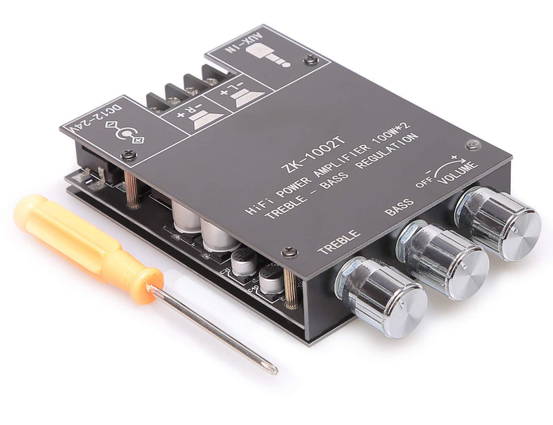 100W+100W Amplifier Board with Treble and Bass Control, DC 9-24V, BT and AUX Inputs, 2.0 Channel Stereo AMP Board for DIY Wireless Speakers, Password Free (ZK-1002T) ZK-1002T