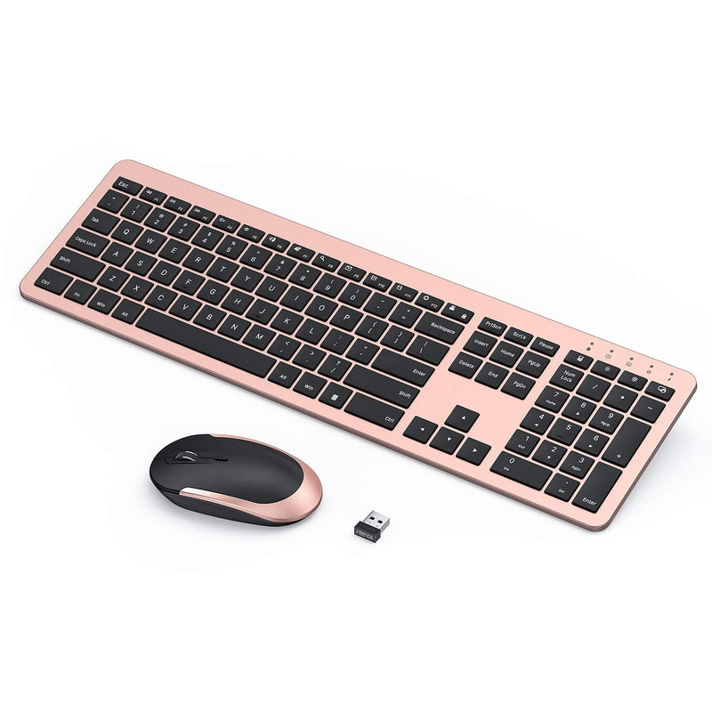 seenda Rechargeable Wireless Keyboard Mouse Combo Full Size Cordless Keyboard & Mouse Sets with Build-in Lithium Battery Ultra Thin Quiet Keyboard Mice (Black and Rose Gold) Black and Rose Gold