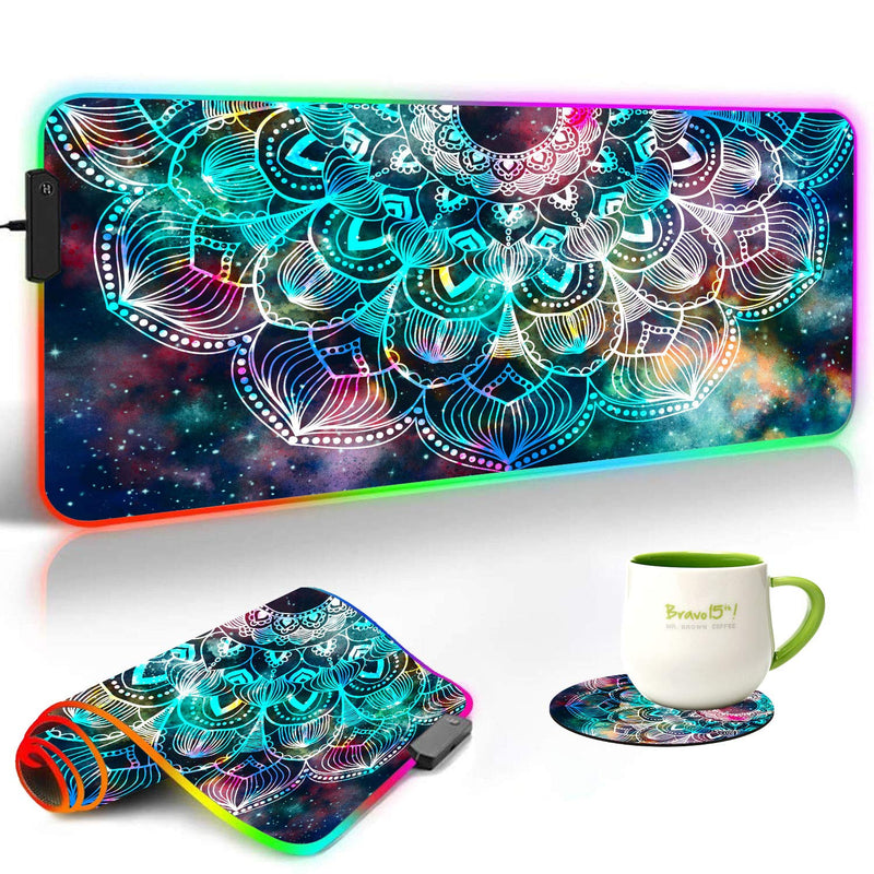 RGB Gaming Mouse Pad and Coasters Set,Mandala in Galaxy Extended Soft Led Mouse Pad with 10 Lighting Modes, Anti-Slip Rubber Base,Computer Keyboard Mouse Mat 800 x 300mm / 31.5×11.8 inches Mandala in Galaxy