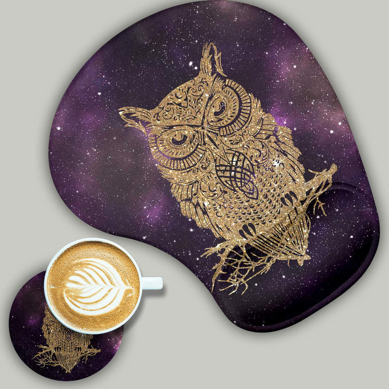 2 Pack Gaming Mouse Pad and Coaster, Ergonomic Mouse Pad with Wrist Support Gel, Non-Slip PU Base, Easy Typing Pain Relief Effect, Suitable for Office and Home (Starry Owl) Starry Owl