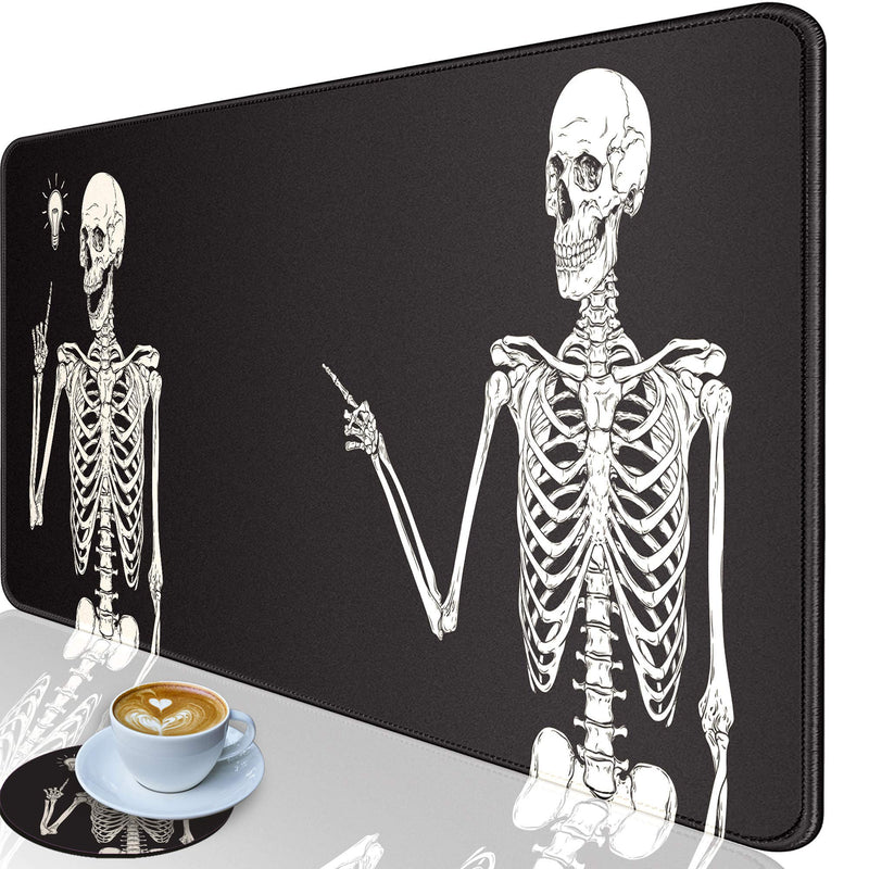 CUISHAN Desk Pad-Large Gaming Mouse Pad with Stitched Edges,Extended Computer Mouse Pad Water-Resistant Writing Pads with Non-Slip Rubber Base 31.5 x 11.8 in,with Coasters (Skull Skeleton) Skull Skeleton Black Background