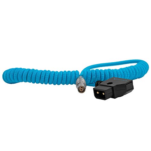 KONDOR BLUE | 14” to 29” Coiled D-Tap to 2-Pin LEMO Female Power Cable | Right-Angle D-Tap, Nylon Braided, Reinforced Connectors, for RED Komodo | Blue