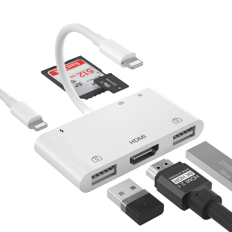 Memory Card Adapters, HDMI Digital AV Adapter, USB Female OTG Adapter, 6 in 1 USB Camera Adapter, SD Card Reader for iPhone iPad, Support MIDI Keyboard, Mouse, HD TV/Projector/Monitor, No APP Needed HDMI+2*USB adapter