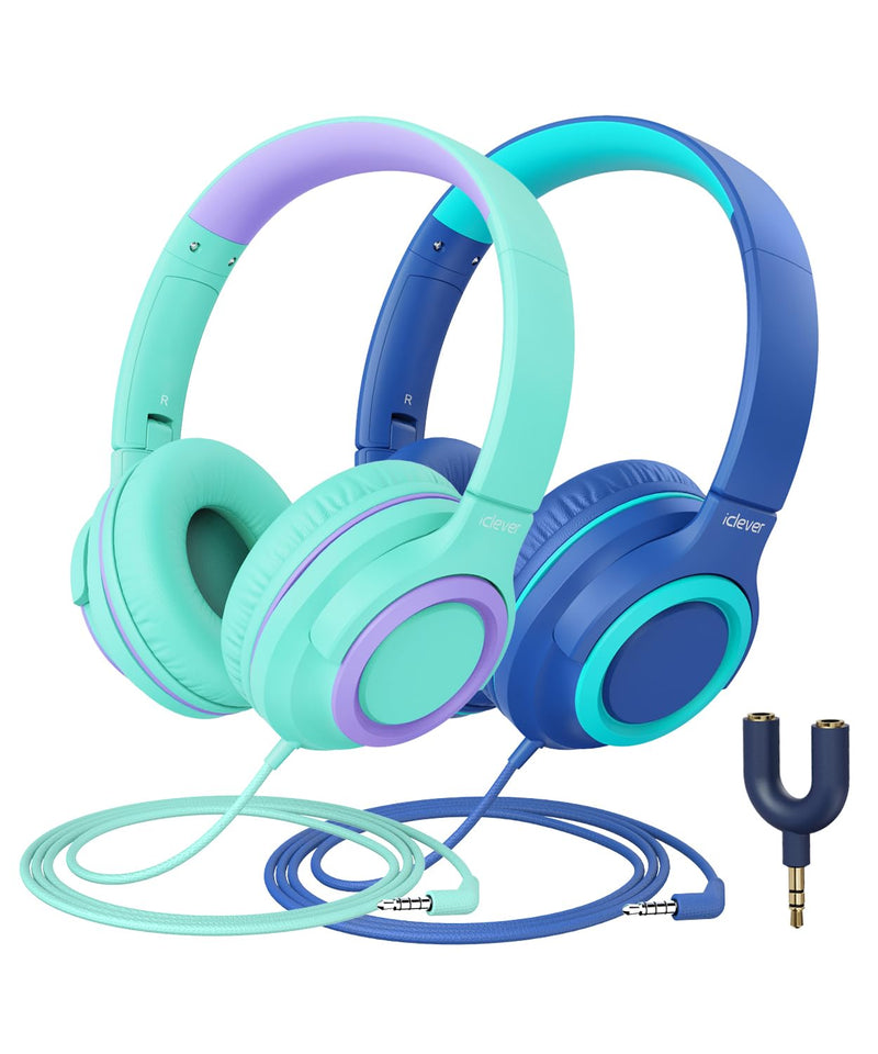 [AUSTRALIA] - iClever 2Pack Kids Headphones with Sharing Splitter - 85dBA Safe Volume Limited - HS22 Wired Headphones for Kids Teens, Tangle-Free 3.5mm Jack Foldable Stereo Headphones for School/Tablet/Travel Green & Blue 