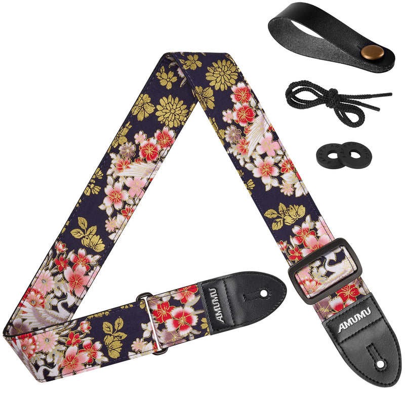 Amumu Guitar Strap – 2" Peony & Crane Pattern, Microfiber Leather Ends, for Acoustic, Electric, Bass Guitars, Adjustable 36" - 63" Peony Crane