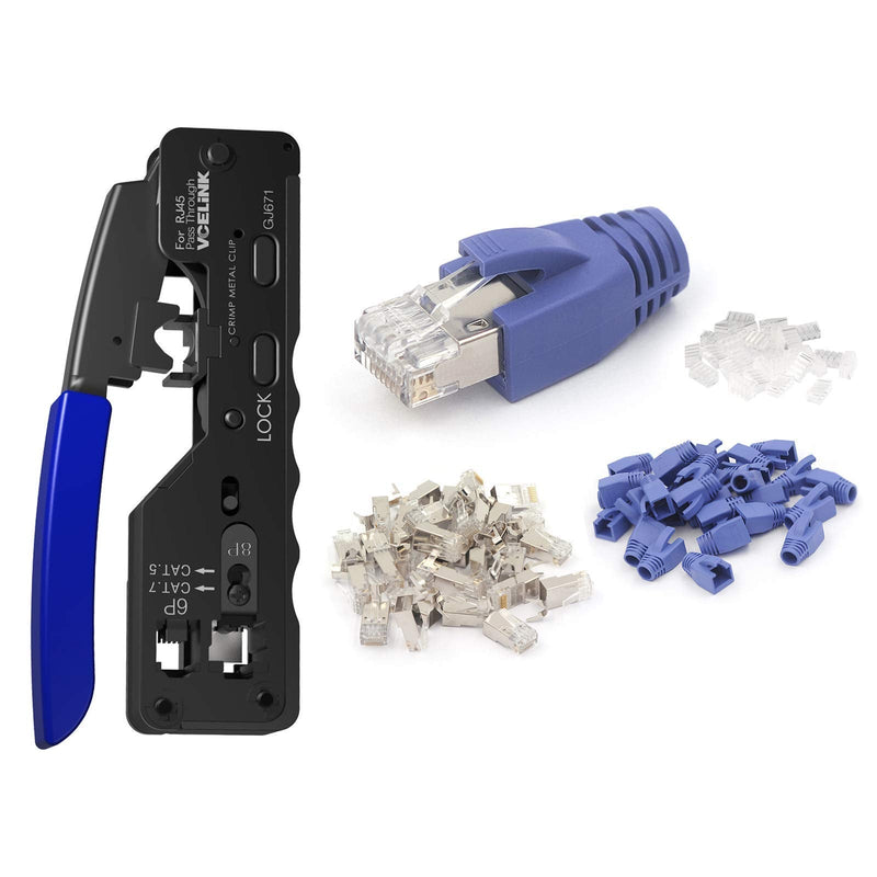 VCELINK Ethernet RJ45 Pass Through Crimping Tool Bundle with 30-Pack Nickel Plated Shielded Cat6A/Cat7 RJ45 Modular Plug with Strain Relief Boots