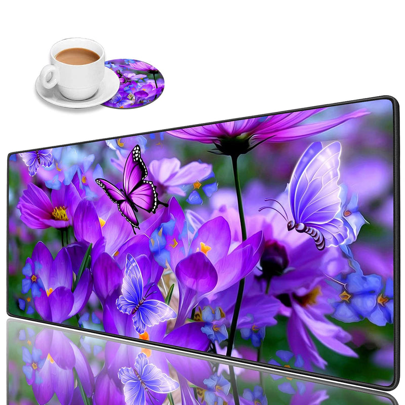 Luasao Desk Pad Mat Gaming Mouse Pads with Coasters, Stitched Edges Design Mouse Pad XXL Large Mouse Pad for Laptop Computers Purple Flowers and Butterflies Desk Writing Mat for Office & Home