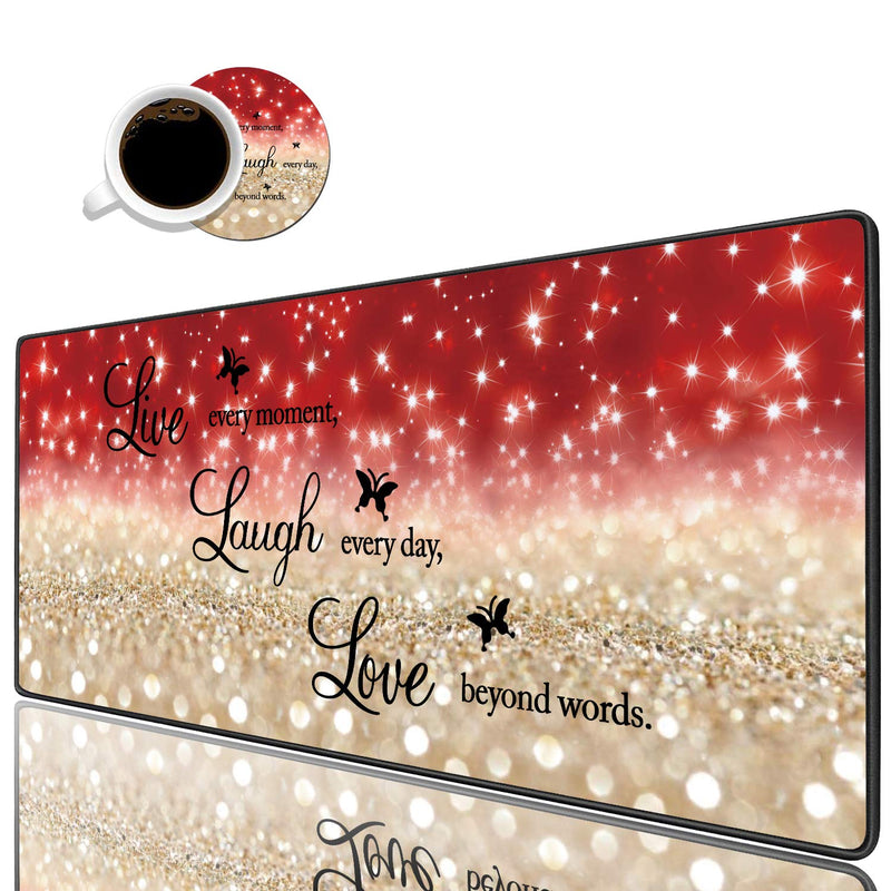 Desk Pad Gaming Mouse Pads with Coasters,31.5"x 11.8" Large Non-Slip Rubber Base Mousepad with Stitched Edges for Office & Home,Red Glitter Quote Live Every Moment, Laugh Every Day, Love Beyond Words