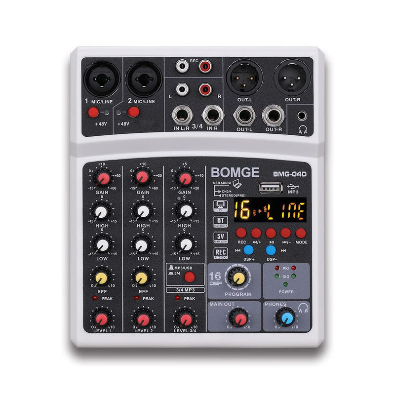 [AUSTRALIA] - BOMGE 4 Channel dj Bluetooth Audio Mini Mixer with Effects, USB Interface, Stereo Recording, 48V Phantom Power for PC,phone(White) white 
