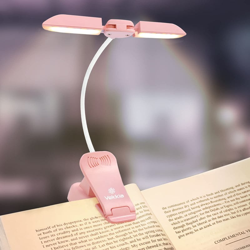 Vekkia 14 LED Rechargeable Book-Light for Reading at Night in Bed, Warm/White Reading Light with Clamp, 180° Adjustable Mini Clip on Light, Lightweight Eye Care Book Light Perfect for Readers & Kids Pink