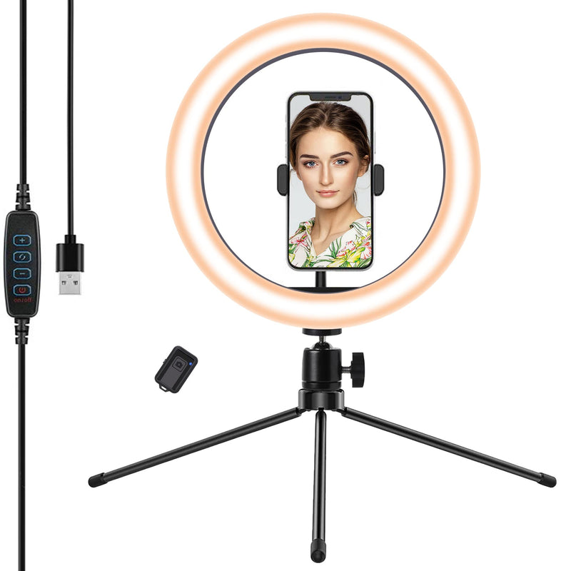 SUMCOO Dimmable Selfie 10" LED Desk Ring Light with Tripod Stand & Phone Holder & Remote for Live Streaming, TikTok Photography, iOS and Android Smartphone with 3 Light Modes & 10 Brightness Level 10 inches