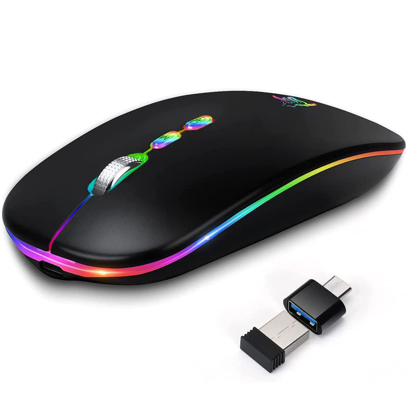 [AUSTRALIA] - HOTLIFE LED Wireless Mouse, Slim Rechargeable Silent Portable USB Optical 2.4G Wireless Bluetooth Two Mode Computer Mice with USB Receiver and Type C Adapter (Black) Black 
