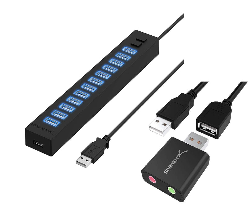 Sabrent 13 Port High Speed USB 2.0 Hub +Aluminum USB External Stereo Sound Adapter for Windows and Mac.
