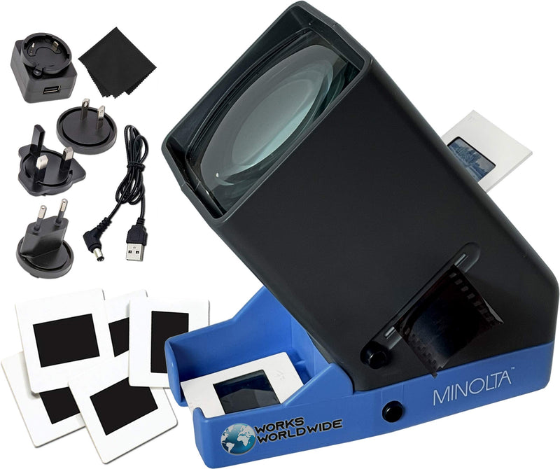 [AUSTRALIA] - MINOLTA 35mm Desk Top Portable LED Slide and Negative Viewer Luminated 3X Magnify – for 2"x2" Slides & Positive Negatives - Worldwide AC Adapter & Plugs, Battery Operation & Cloth 