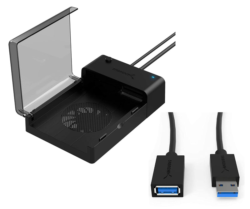 USB 3.0 to SATA External Hard Drive Lay Flat Docking Station with Built in Cooling Fan for 2.5 or 3.5in HDD, SSD+USB 3.0 Extension Cable A Male to A Female [Black] 3 Feet