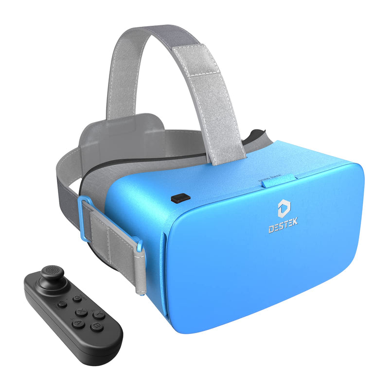 DESTEK V5 VR Headset w/Bluetooth Controller, Virtual Reality Goggles for iPhone 13/12/11/X/XR, for Android & Samsung A71/A50/S20 FE/S10, for Phone w/4.7-6.8in (Sky Blue) [iOS,Android]